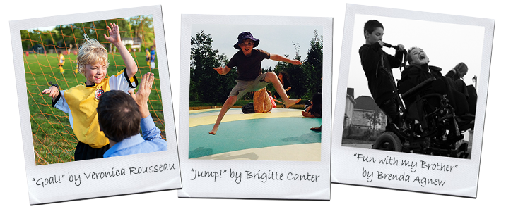 Three polaroid photos: a child scoring a soccer goal, a child joyfully jumping with arms outstretched, and a smiling boy in a wheelchair pushed by another child; each photo is labeled with a handwritten caption and photographers name.