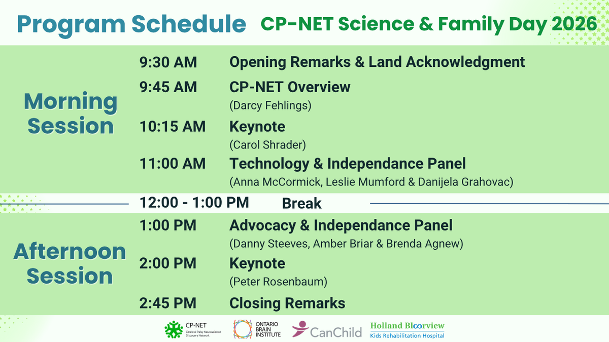 Program schedule for CP-NET Science & Family Day 2026, listing morning and afternoon sessions, keynote speakers, panel topics, and a lunch break, with event logos at the bottom.